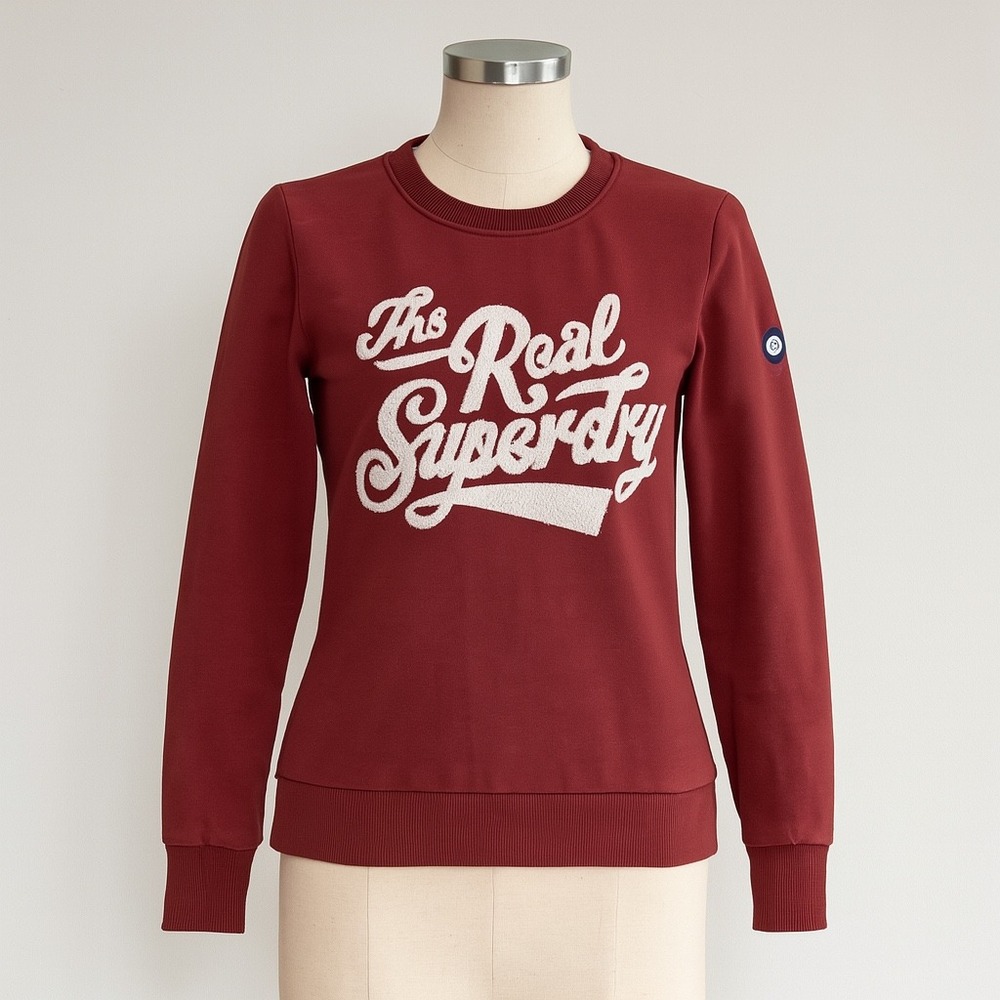 Superdry Sweatshirt Womens 10 Red Chenille Logo Pullover‎ Crew Neck RUNS SMALL